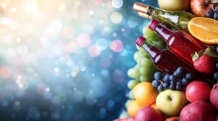 Aufkleber - Overhead view features vibrant fruits and drinks arranged on a table at a farmers market, capturing the essence of fresh produce and community spirit