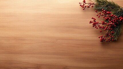 Poster - A neatly arranged sprig of red holly berries and green fir needles sits on a wooden surface, enhancing the festive theme with clear space for text
