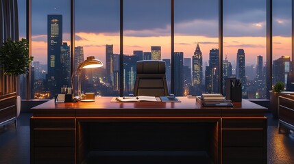 Poster - High-angle capture of luxurious executive desk with minimal clutter, powerful tools, and skyline view as a backdrop