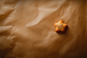 Aufkleber - Freshly baked gingerbread cookie in the shape of a star sits on rustic baking paper, featuring intricate piped icing. Perfect for holiday celebrations or baking events