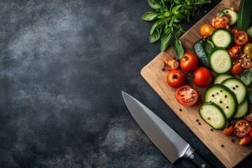 Poster - Overhead view of a wooden cutting board featuring neatly sliced zucchini, cherry tomatoes, and bell peppers, paired with a chefs knife for culinary preparation
