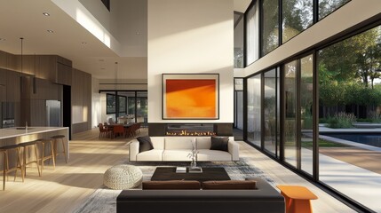 Leinwandbilder - Modern minimalist space featuring horizontal A2 frame mockup above fireplace, clean lines and open floor plan