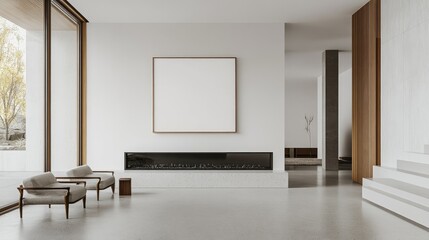 Leinwandbilder - Modern minimalist space featuring horizontal A2 frame mockup above fireplace, clean lines and open floor plan