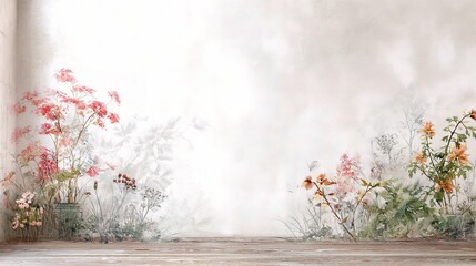 Poster - Artistic Sketch of Faded Garden Flowers on White Wall Background