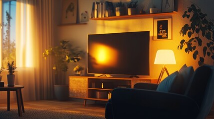 Poster - Relaxing home space with live news on TV, lit lamps, cozy chair with pillow, and soft sunlight from the side