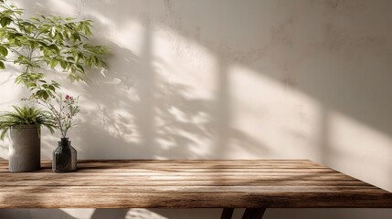 Poster - elegant wooden tabletop under soft natural light with greenery