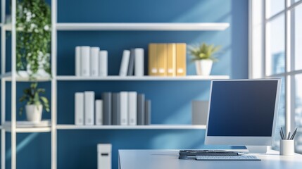 Poster - stylish office with clean lines, contemporary design, high-tech workspace, and bookshelf with decor 