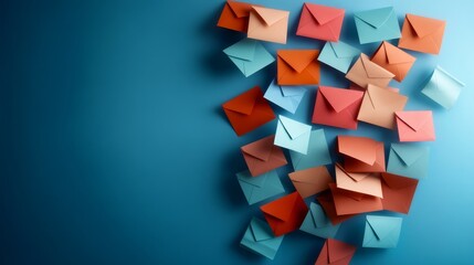 Poster - Brightly colored envelopes seem to float in mid-air, beautifully contrasting with a rich blue background, providing ample space for text and creative layouts