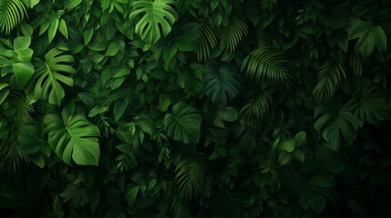 Aufkleber - Rich tropical foliage creates a vibrant and bold design, showcasing intricately layered monstera and palm leaves on a dark background, perfect for various projects