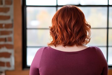 Poster - A woman with shoulder-length, softly curled hair stands in front of a large window, where warm light highlights her chestnut-brown locks and the tranquil surroundings