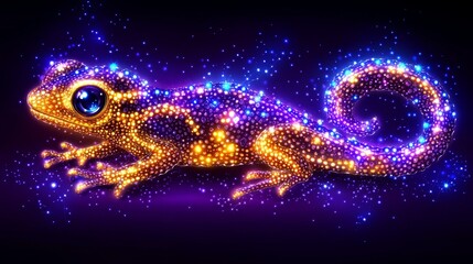 Wall Mural - A fantastical neon gecko, radiating cosmic energy with an ethereal glow against a dark backdrop creating a magical and vibrant illustration art