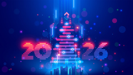 Aufkleber - Christmas poster with christmas tree, digits 2026 in electronic technology style. New year, merry christmas congratulations card in cyber computer design. Tech digital banner of event in 2026 year.