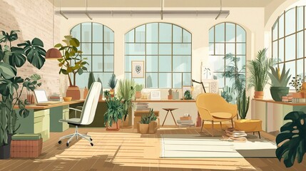Poster - bright office space with large windows and indoor plants