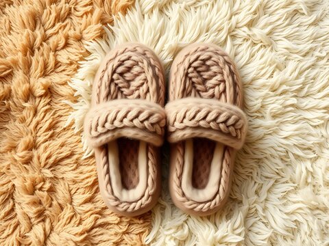Cozy wool slippers, isolated on transparent background, top-down view, morning comfort theme, no shadows”