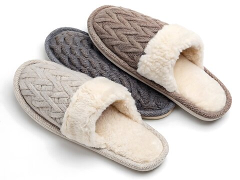 Cozy wool slippers, isolated on transparent background, top-down view, morning comfort theme, no shadows”