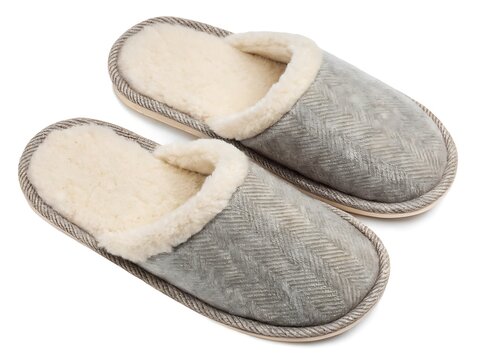 Cozy wool slippers, isolated on transparent background, top-down view, morning comfort theme, no shadows”