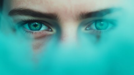 Poster - Turquoise eyes gaze intensely through a veil of white vapor, merging warmth with coolness in a surreal twilight setting that captivates the viewer