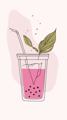 Poster - Minimalist Bubble Tea Line Art with Straw and Leaves Vector Illustration