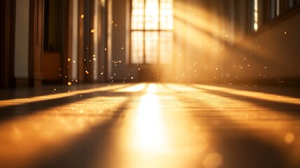 Aufkleber - Long shadows stretch across the floor of an abandoned hallway, where golden sunlight filters in, making dust particles dance in the tranquil warm glow