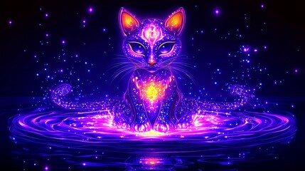 Wall Mural - Cosmic feline apparition in neon radiance a mystical vision of a sparkling guardian gazing from another dimension of starry wonderment and galactic glow
