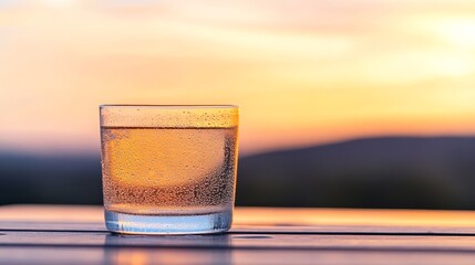Aufkleber - A close-up captures a glass of water adorned with dew, sitting on a wooden table, as sunset colors blend beautifully with natural surroundings