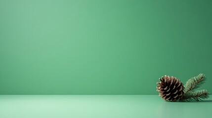 Poster - A fir branch displays a single pinecone on a soft pastel green backdrop, creating a tranquil and serene atmosphere with ample copy space for text