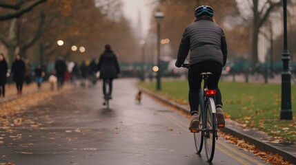 Poster - A lone cyclist moves gently along a path surrounded by vibrant autumn foliage, as walkers and a small dog pass by, creating a tranquil atmosphere