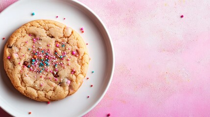 Poster - A close-up view of a frosted sugar cookie adorned with vibrant sprinkles rests on a white ceramic plate, highlighting its delectable details against a pink backdrop