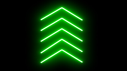 Poster - Neon upward arrow icon. Retro signboard with up arrow. Glowing green single-line upload arrow icon on black background.