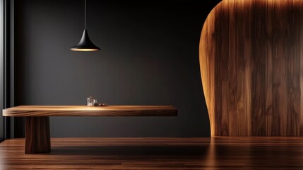 Aufkleber - Sleek wooden dining table centered in a minimalist room with abstract arch-patterned wall paneling and soft overhead light creating warmth