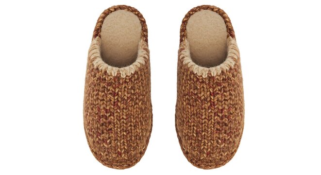 Cozy wool slippers, isolated on transparent background, top-down view, morning comfort theme, no shadows”