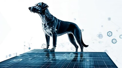 Poster - Cybernetic Canine Guardian: A futuristic depiction of a metallic dog stands regally, poised upon a digital platform, blending the realms of animal and technology, evoking security and innovation.
