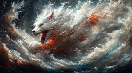 Wall Mural - Abstract depiction of a furious wolf roaring amidst swirling nebula, an explosion of cosmic energy with surreal color gradients and artistic touch