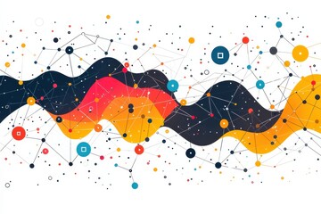 Poster - abstract network background with colorful interconnected dots and flowing wave patterns