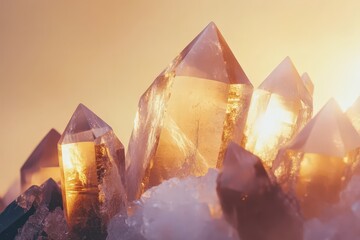 cluster of crystalline formations illuminated by golden light.