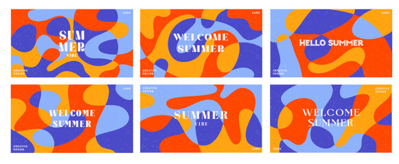Fototapete - Summer bright illustrations set for poster, card, cover, label, banner in modern minimalist style with overlay effect. Modern and simple summer design templates. Vector stock graphic
