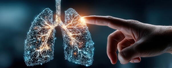 Aufkleber - Hand pointing towards glowing digital lungs representing advanced medical technology