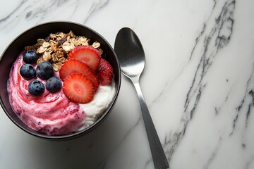 Poster - Bowl of creamy Greek yogurt is swirled with fresh granola, blueberries, and sliced strawberries, accompanied by a silver spoon on a marble countertop