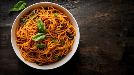 Poster - Bowls filled with cooked spaghetti create an inviting scene on a rustic wooden table, garnished with fresh basil leaves and illuminated by soft lighting