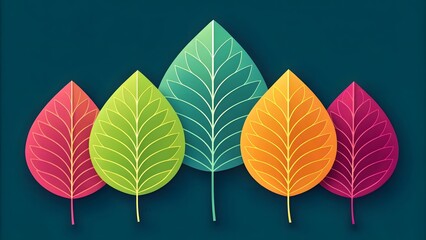 Poster - A group of colorful leaves arranged in a row against a dark teal background illustration style