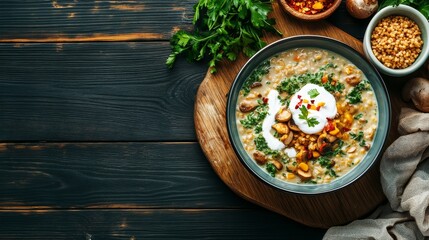 Poster - Delicious bowl of mushroom soup sits steaming on a wooden table, topped with fresh herbs and a swirl of sour cream, inviting a warm and cozy atmosphere