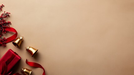 Poster - A cheerful flat lay displays golden bells, vibrant red ribbons, and delicate snowflakes on a soft beige background, creating a holiday-inspired atmosphere