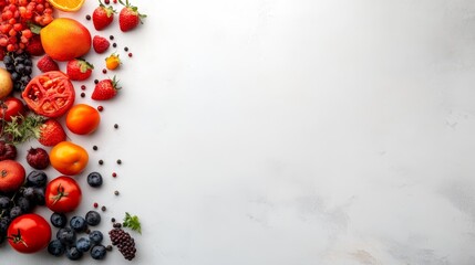 Poster - A top-down view displays a vibrant arrangement of fruits and vegetables on a white surface, leaving space for text on the right for health and nutrition messaging