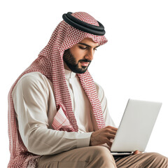 Poster - Handsome Arab man focused on work while using laptop, isolated on white background, Handsome arab man working with laptop isolated on white, white background