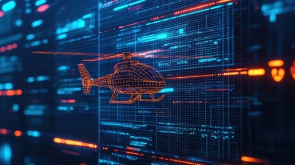 Poster - Futuristic Helicopter Wireframe Model with Digital Background and Data Streams in Technology Concept Illustration