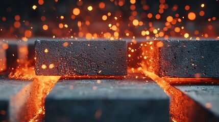 Poster - Fiery Sparks and Glowing Embers Surrounding Concrete Blocks on a Sparkling Surface of Red-orange Flames