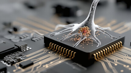 Poster - Abstract representation of a neuron connecting with a microchip