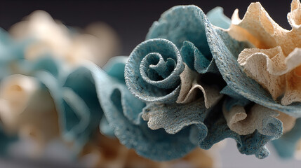 Poster - Artistic Detail of Curled Textured Blue and Cream Fabric Design