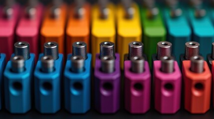 Poster - Close-Up of Colorful Metallic Components in Vibrant Hues Arranged in a Neat Linear Pattern