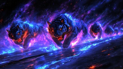 Wall Mural - Cosmic tiger procession through nebulous space a mesmerizing fantasy portrayal of celestial guardians amidst swirling galaxies and colorful cosmic radiance